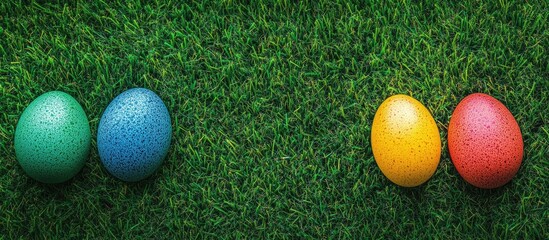 Naklejka premium Vibrant colored Easter eggs arranged on lush green grass creating a festive springtime atmosphere for seasonal celebrations