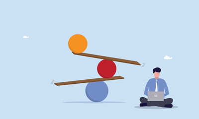 Work life balance, man working with computer laptop, equality or weight between working for money and life happiness, health, success and healthy lifestyle concept.