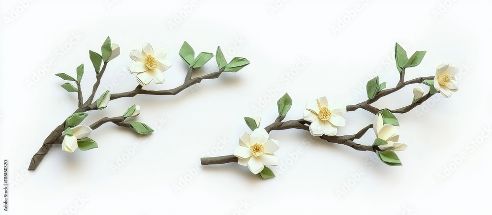 Poster elegant origami paper flower branches with leaves positioned gracefully isolated on a white backgrou