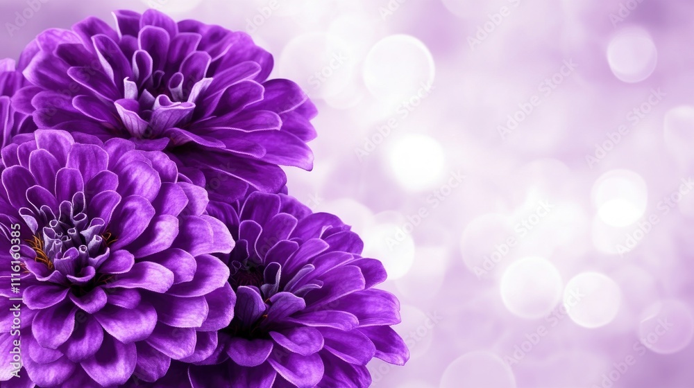 Poster purple zinnia flowers in selective focus with a dreamy bokeh background creating a vibrant floral at