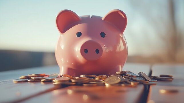 Broken piggy bank with coins scattered around, symbolizing financial struggle and the need for careful budgeting and saving.