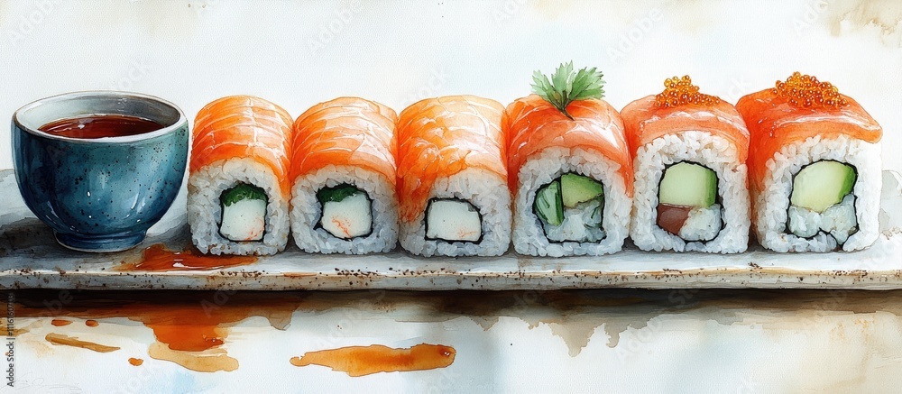Poster colorful sushi rolls with soy sauce in a rustic setting showcasing fresh seafood and vibrant ingredi