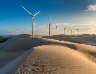 Windmills on the sand dunes of Lencois Maranhenses near Atins, Brazil