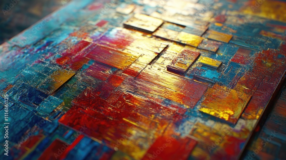 Aufkleber Abstract textured artwork with vibrant colors and geometric patterns showcasing depth and dimension in a close up perspective.