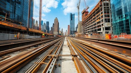 Fototapeta premium Urban construction site with railway tracks and skyscrapers in view.
