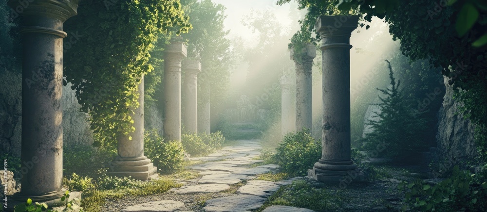 Aufkleber ancient stone pathway framed by columns and lush greenery leading to a mysterious historical site in