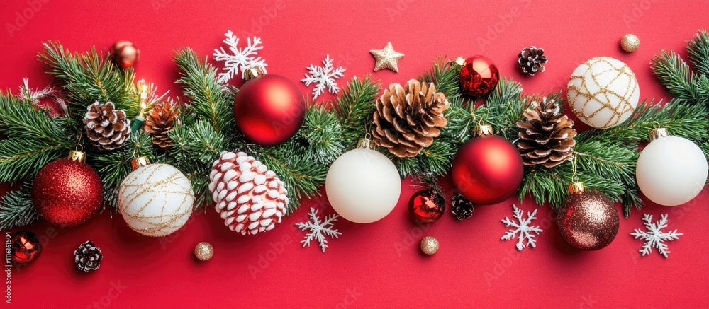 Aufkleber Christmas decorations with red ornaments and fir branches featuring pine cones on a vibrant red background flat lay overhead view