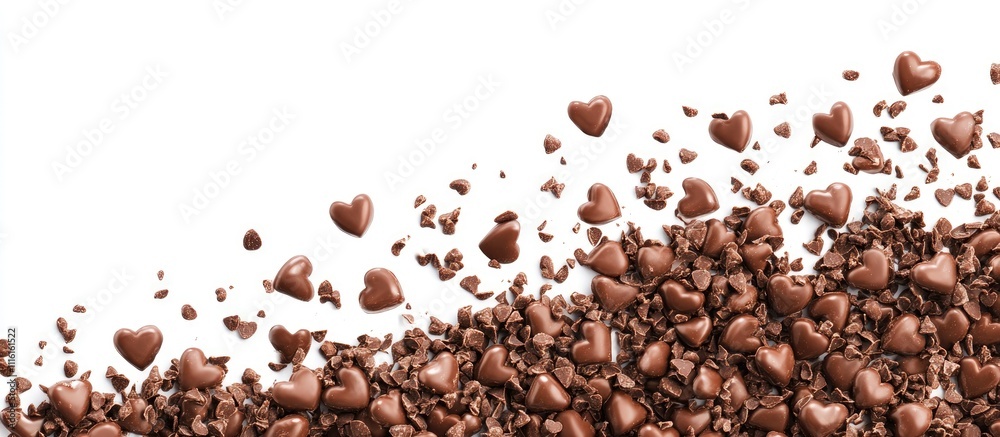 Poster chocolate hearts and shavings arranged artistically on a clean white background creating a delightfu