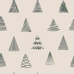 Obraz premium Winter graphic seamless pattern with christmas trees on beige background.Vector seamless pattern. Best for wallpapers, textile, wrapping paper and seasonal decoration.Hand drawn vector illustration.