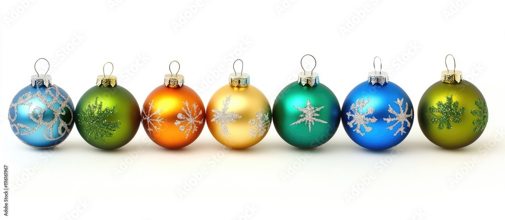 Poster colorful christmas tree ornaments arranged in a row showcasing various designs and colors on a clean