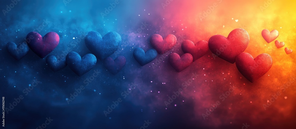 Poster Vibrant abstract background with colorful hearts creating a dreamy romantic atmosphere suitable for designs and celebrations.