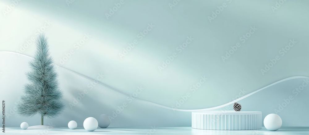 Poster minimalistic display with podium decorative balls and pine tree on light blue backdrop ideal for pro