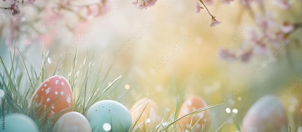 Poster easter greeting card design with painted eggs in grassy meadow surrounded by blossoms and a soft blu