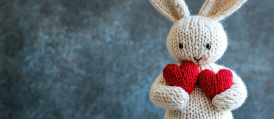 Fototapeta premium Knitted white bunny holding red hearts on gray background symbolizing love and affection in a cozy, handmade style setting.