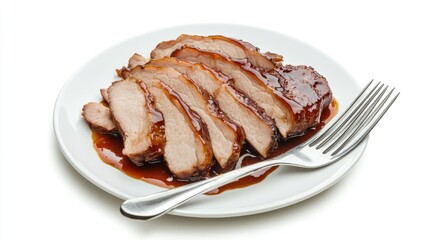 Sliced roast barbecue red pork drizzled with sauce served on a white plate with fork against a clean background