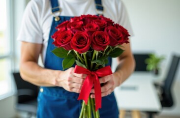 Delivery man with a bouquet of red roses at the modern office background