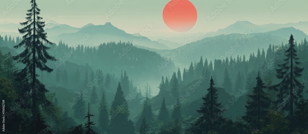 Poster Serene landscape with misty mountains and a large red sun setting behind evergreen trees in a tranquil forest scene