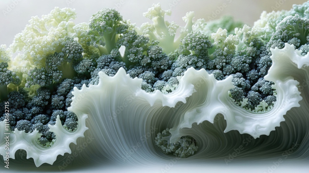 Poster intricate fractal patterns of fresh broccoli against a soft white background showcasing natural beau