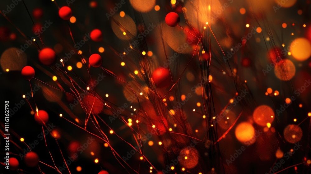 Poster illuminated abstract closeup of a christmas tree featuring red ornaments and soft glowing lights cre