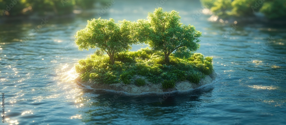Poster lush green shrubs on a serene tiny island surrounded by tranquil waters and soft sunlight gleaming t
