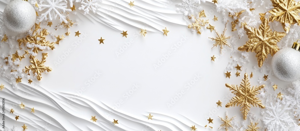 Poster Elegant Christmas frame with snowflakes and golden stars on a white background perfect for adding your festive message or text.