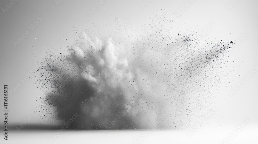 Poster dust particle explosion creating a dramatic abstract effect on a white background showcasing motion 
