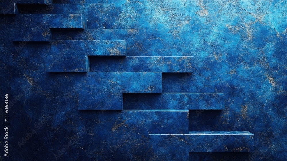 Poster Step-like blue textured wall background with abstract design for artistic or architectural themes in modern interior decor.