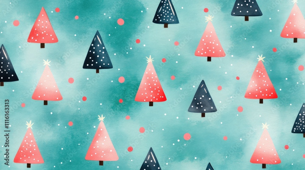 Poster festive christmas tree pattern on turquoise background with red and black trees and snowflakes