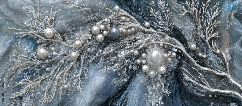 Poster Elegant close-up of intricate white lace design embellished with shimmering pearls and textured details on a fluid background.