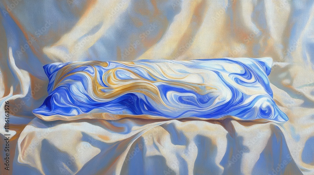 Aufkleber Elegant blue and white decorative pillow on soft beige fabric background showcasing artistic swirl patterns and textures.
