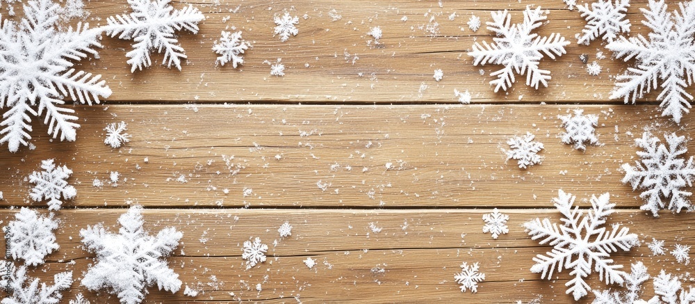 Poster festive winter design with snowflakes on a wooden backdrop creating a space for text ideal for seaso