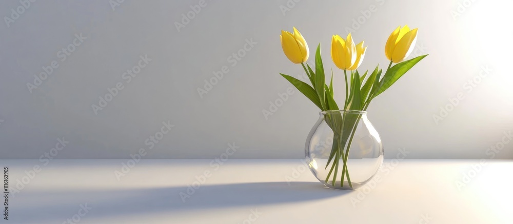 Aufkleber Vibrant yellow tulips in a clear vase with a minimalist white backdrop creating an elegant floral arrangement with ample copy space