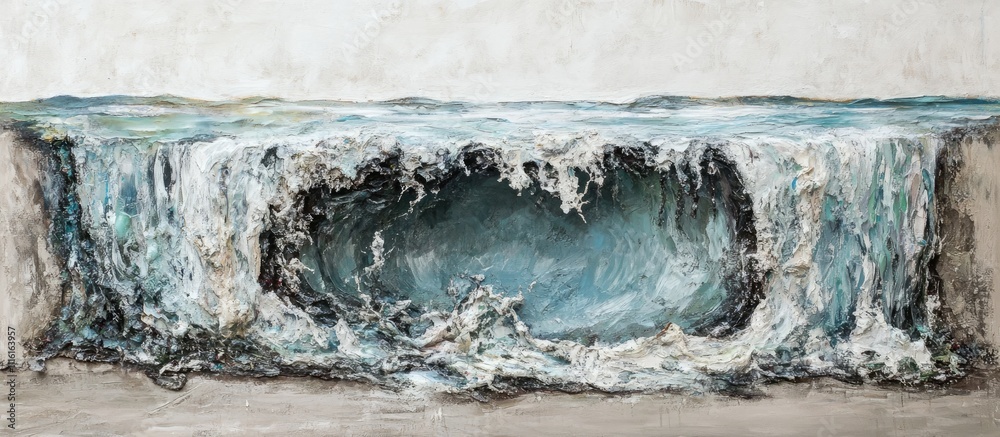 Aufkleber Panoramic view of an artistic representation of a glacier with dynamic waves and textures in an abstract style.