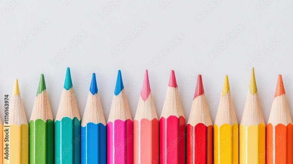 Poster colorful assortment of sharpened writing pencils arranged in a straight line on a light gray backdro
