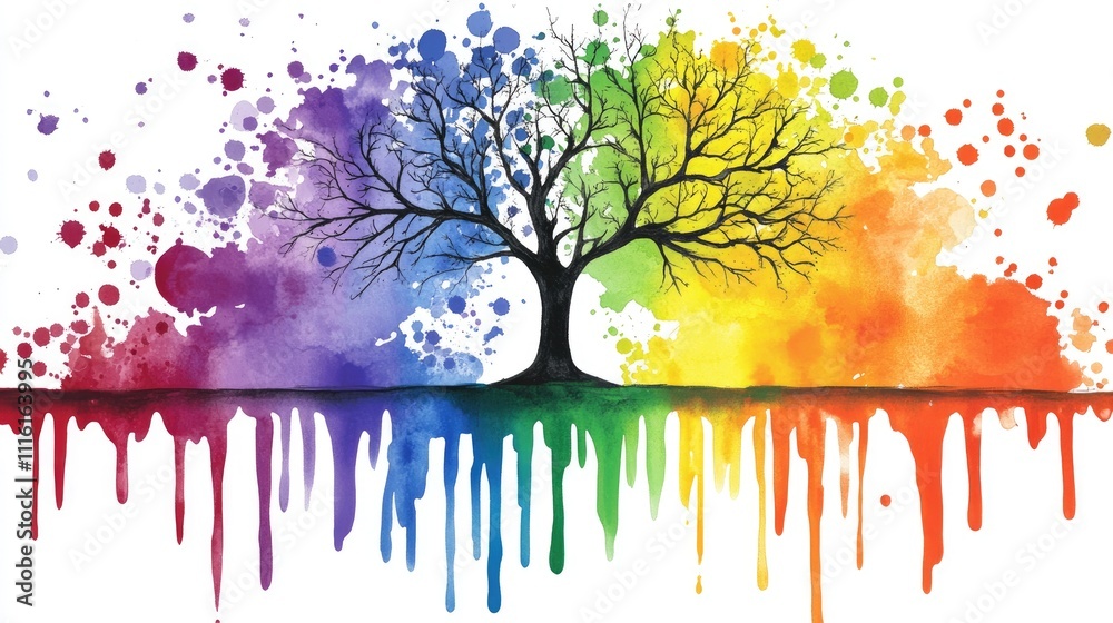Poster colorful abstract watercolor tree with splashes and drips against a clean white background showcasin