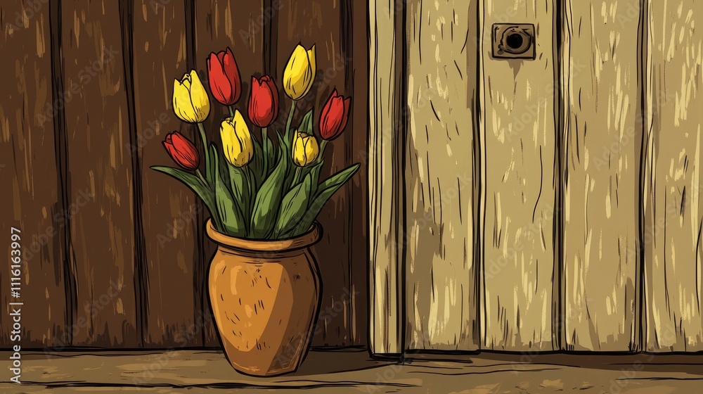 Poster Vase of vibrant tulips in a rustic setting enhancing the charm of a wooden background with warm tones and inviting atmosphere