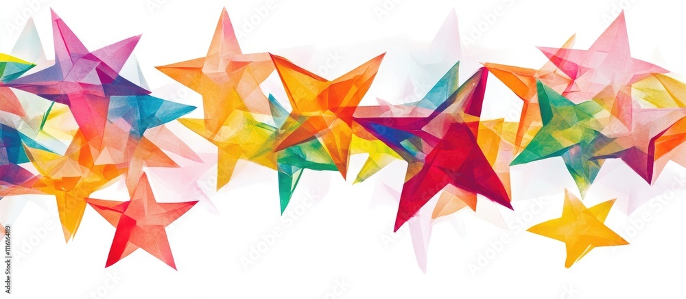 Poster vibrant multicolored star shapes arranged artistically on a bright white background for festive and 