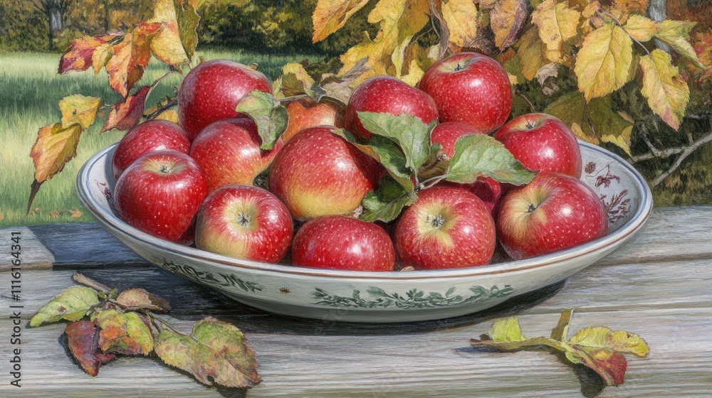 Poster freshly harvested red apples in a decorative bowl surrounded by autumn leaves on a rustic wooden tab