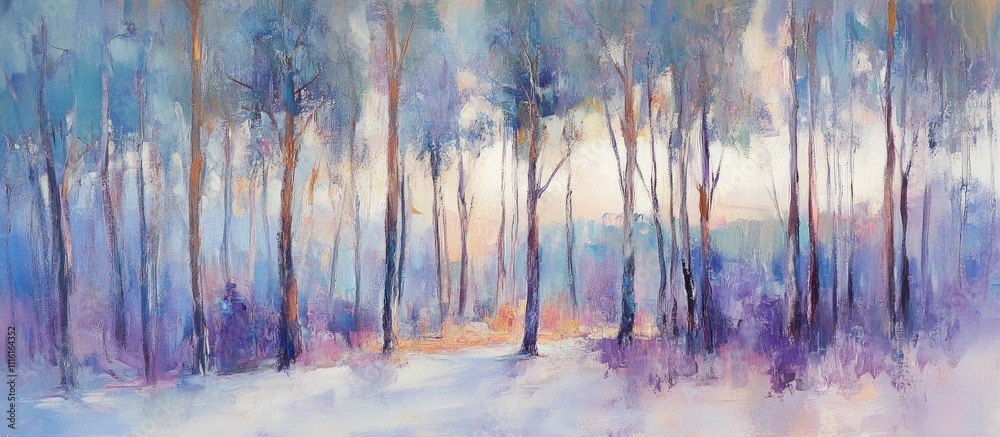 Aufkleber Mystical forest landscape with soft pastel colors and tall trees creating a serene and tranquil atmosphere in nature.