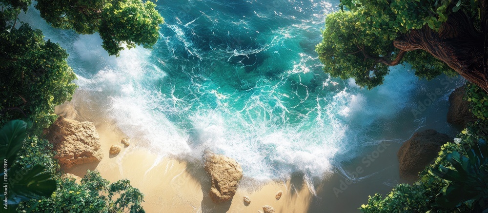 Poster aerial view of waves crashing on a sandy beach surrounded by lush green trees and rocks showcasing n