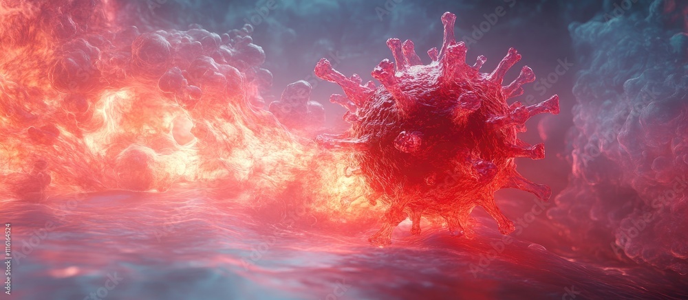 Poster Red glowing 3D virus illustration with dynamic background highlighting its structure and movement in a surreal environment