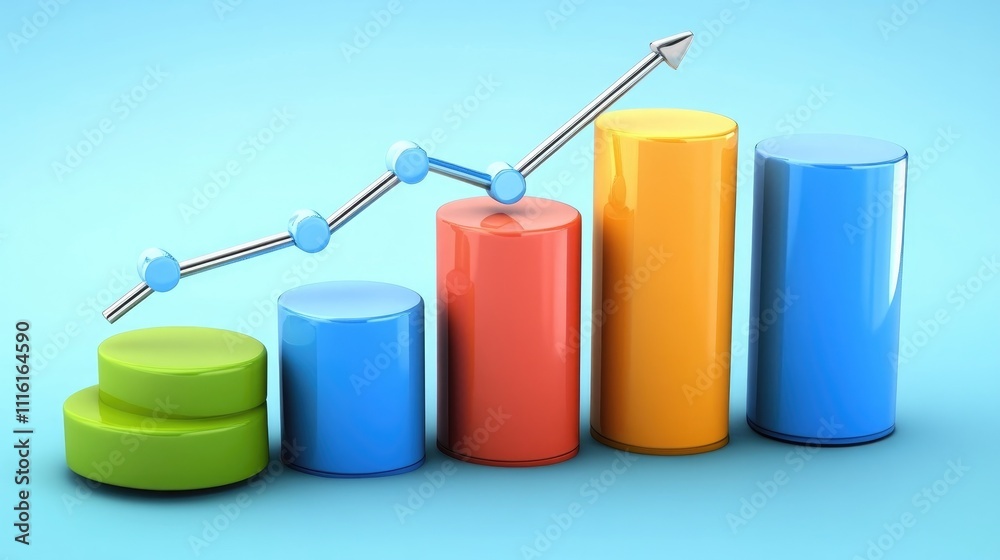 Poster Colorful 3D business growth chart with ascending graph line on a blue background representing financial progress and data analysis.