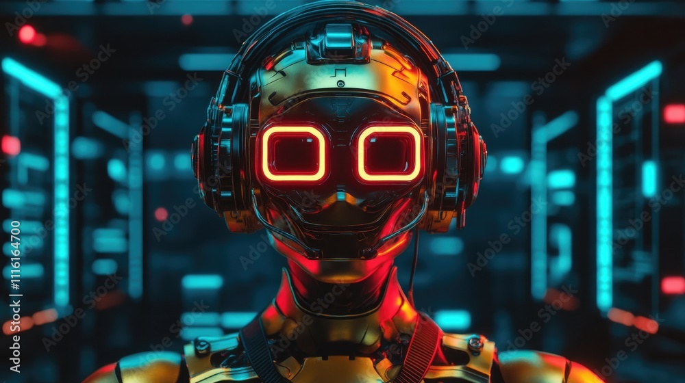 Poster ai powered futuristic robot with headphones in a high-tech environment representing advanced technol