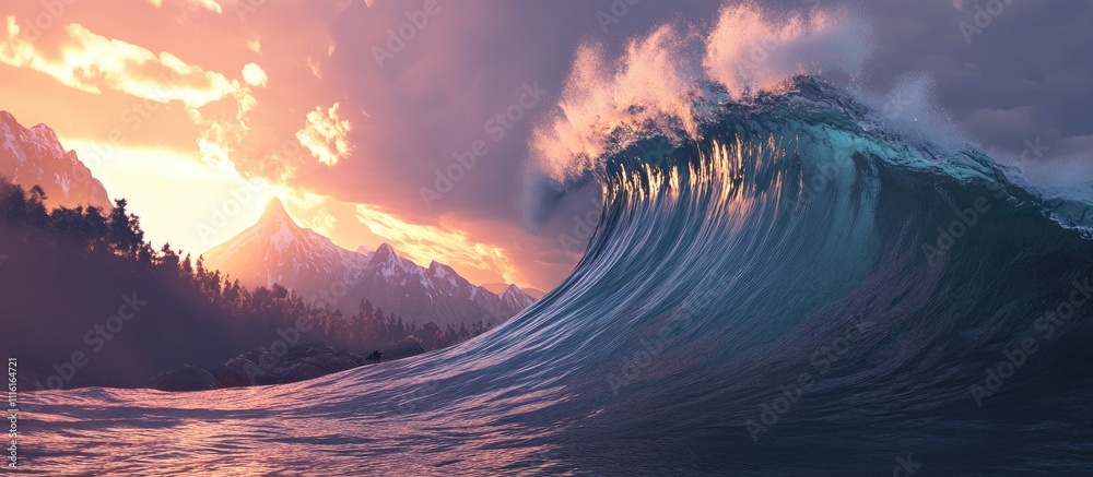 Poster majestic ocean wave crashing at sunset with mountains in the background creating a dramatic and sere