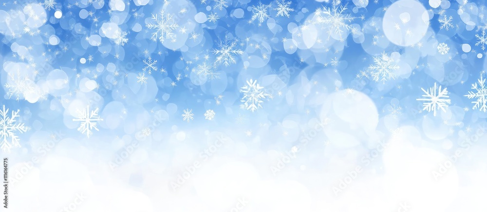 Poster defocused abstract winter background with blue bokeh lights and snowflakes creating a serene and fes
