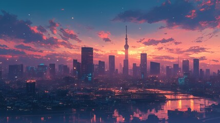 Obraz premium Vibrant sunset cityscape with a tall tower and colorful clouds.