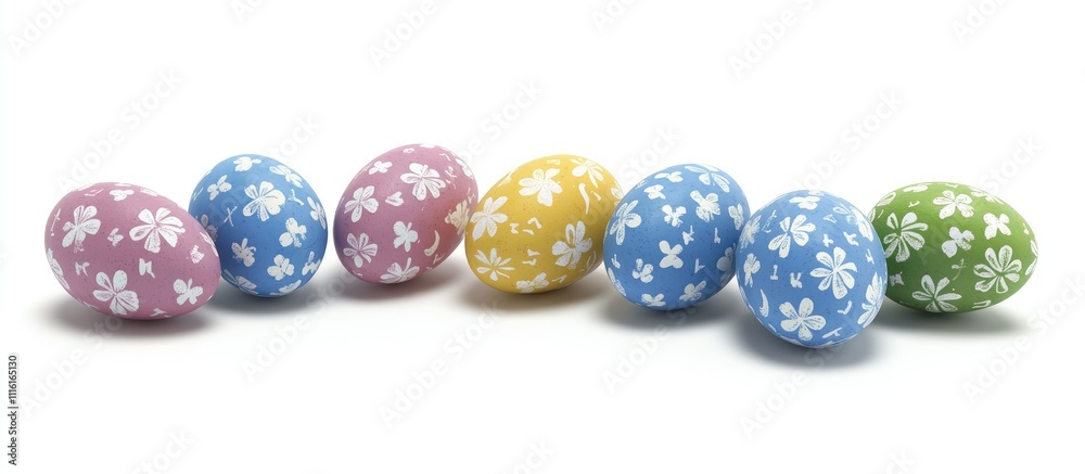 Poster colorful easter eggs decorated with floral patterns arranged in a row on a clean white background fo