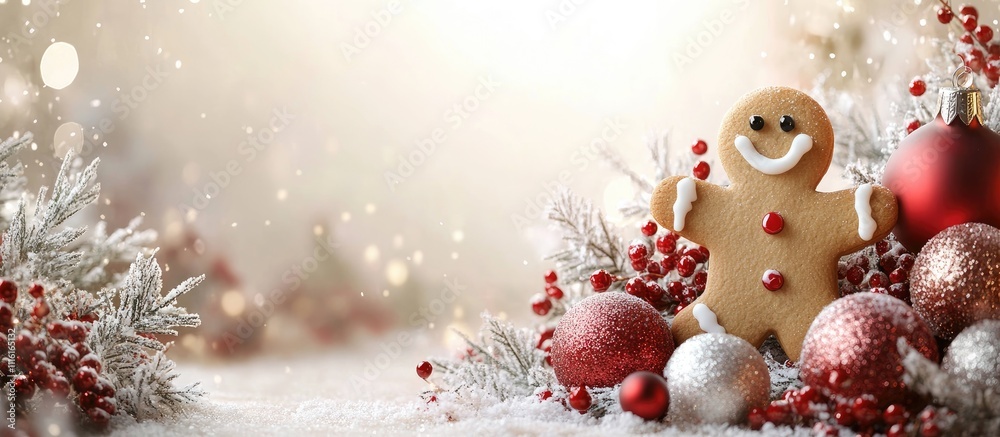 Aufkleber Gingerbread man cookies and festive ornaments arranged on a light backdrop creating a charming Christmas scene with space for text.