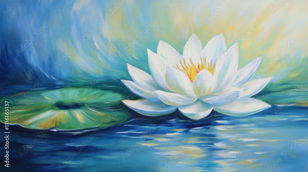 Poster serene white lotus flower floating on tranquil water surface with lush green lily pads in a vibrant 