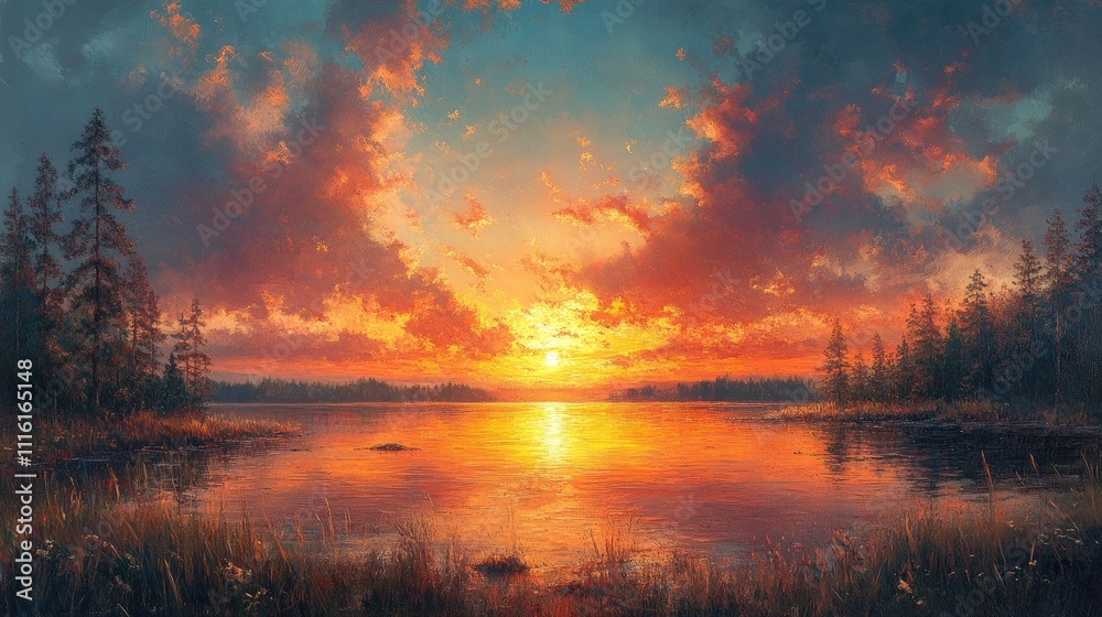 Poster serene sunset over tranquil lake with vibrant clouds and reflections surrounded by lush trees captur